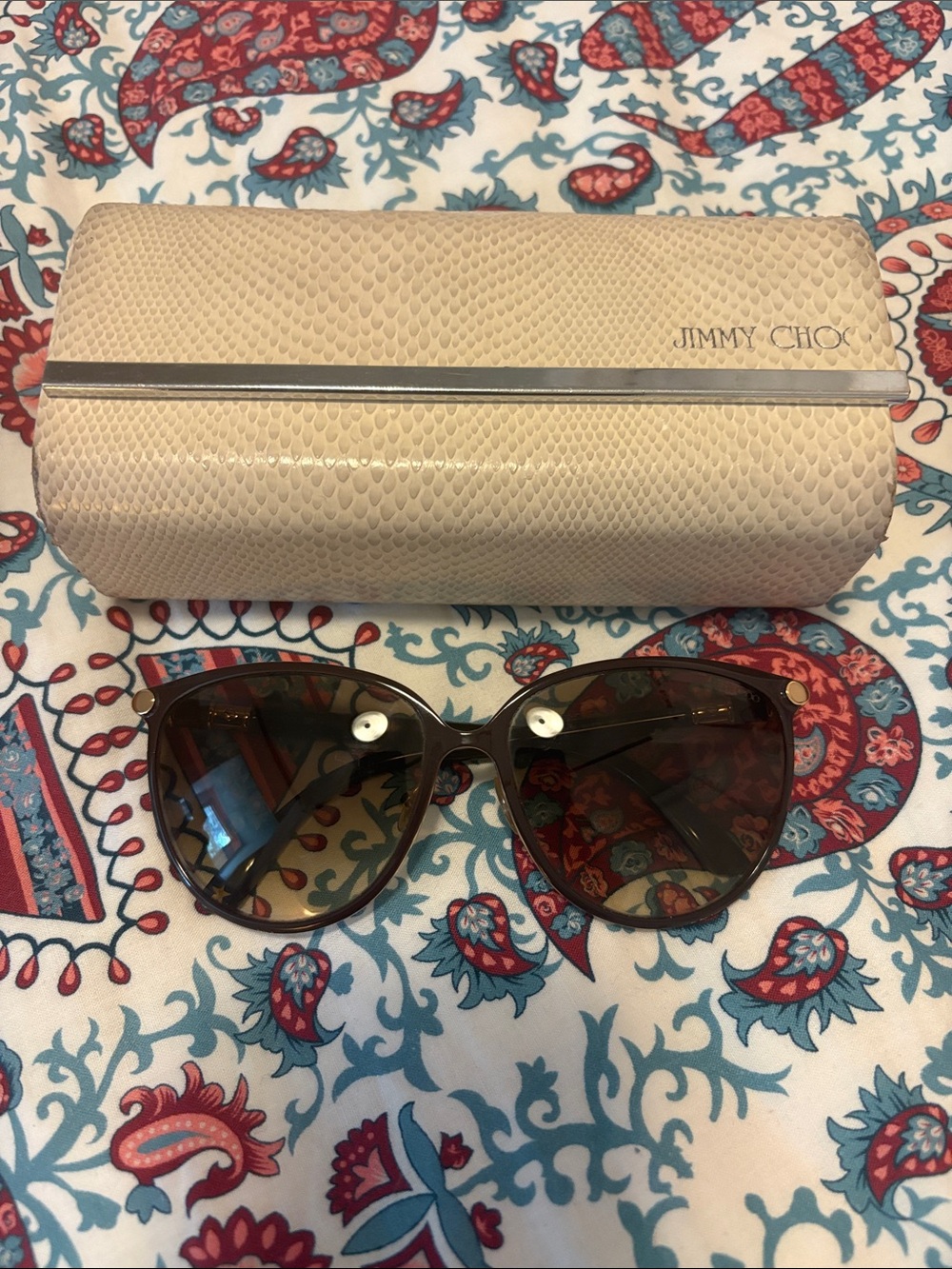 Jimmy Choo Brown Gradient Cat-Eye Sunglasses with Beige Snakeskin Case